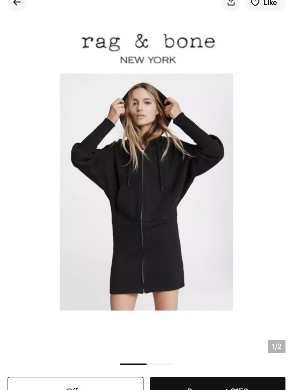 rag & bone Black Zip Hoodie Mini Dress